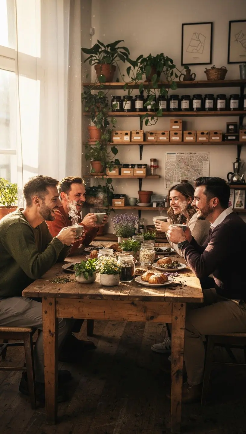 Instrukcijų knygelė apie žolelių arbatos naudą ir paruošimą, gretima arbatos puodeliui ir mediniam šaukšteliui.