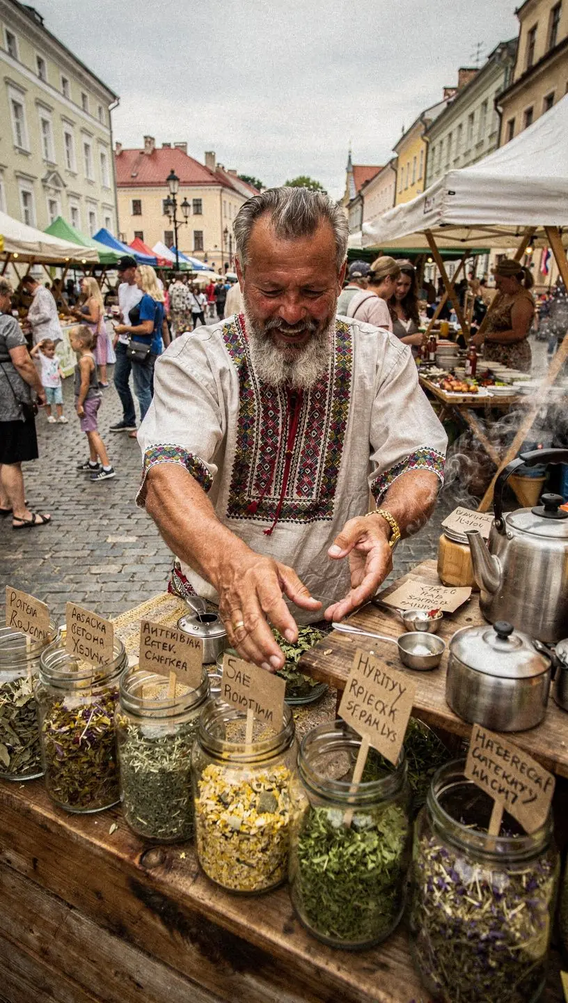 Mėgstamos žolelių arbatos ruošimo procesas – virimo puodas su garuojančia arbata ir šviežiomis žolelėmis šalia.