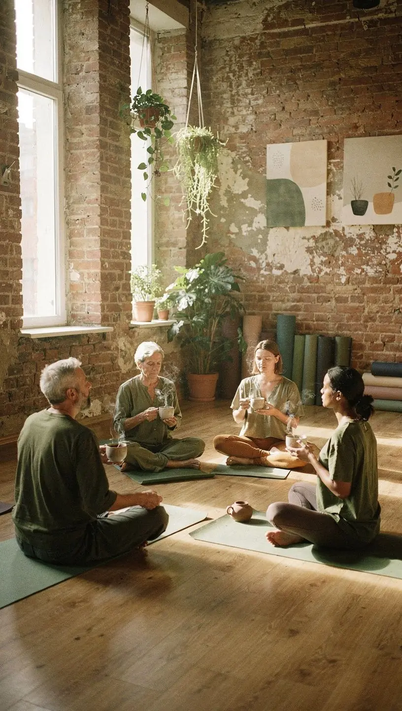 Rankos laiko šiltą žolelių arbatą, fone šviesus kambarys su natūralia augalų dekoracija.