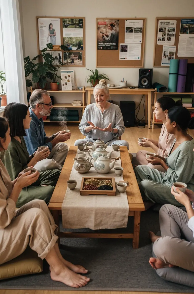 Moters rytinė arbatos ritualo akimirka, kai ji ramiai žiūri pro langą su arbatos puodeliu rankoje.